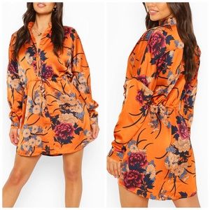 Boohoo Burnt Orange Floral Print Luxe Shirt Dress Burnt (S: 6)